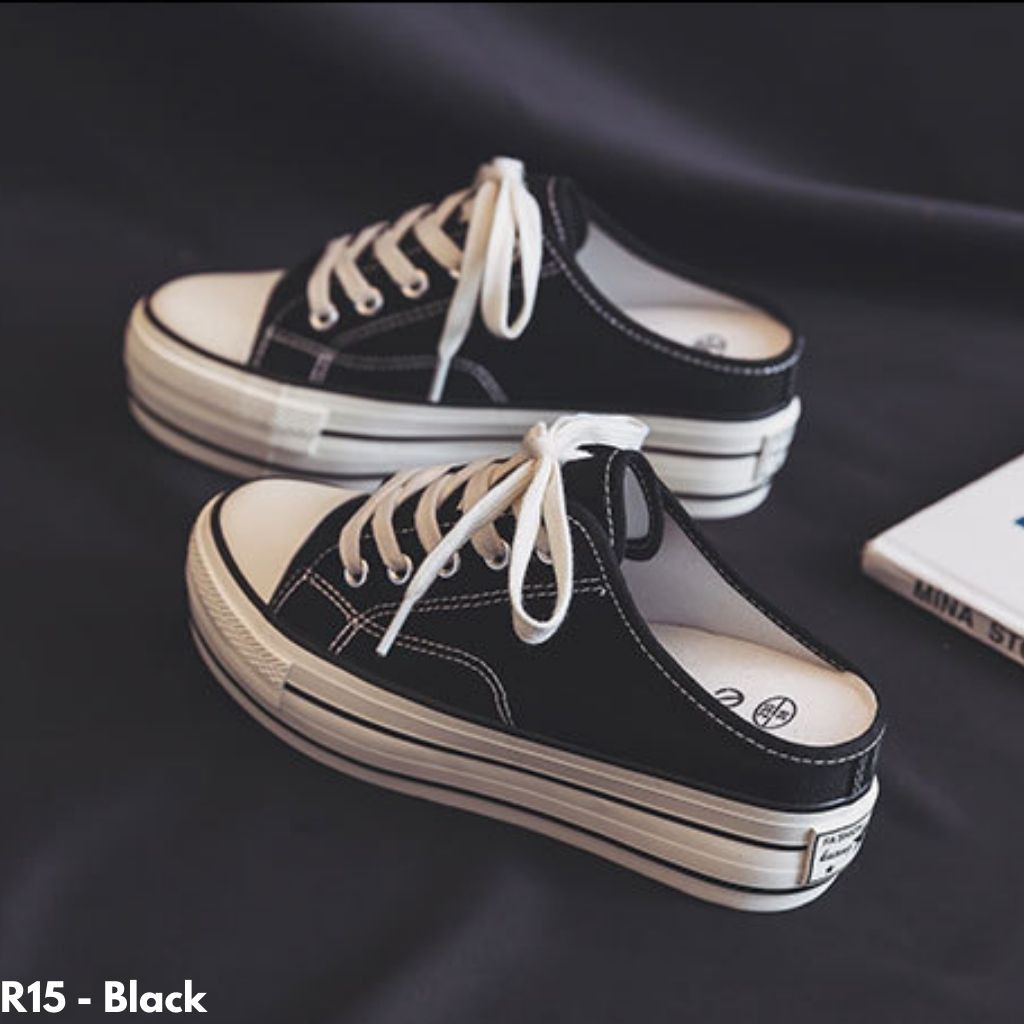 SEPATU SLIP ON KEKINIAN WANITA TINGGI IMPORT KANVAS UNIK NYAMAN BUAT JALAN CASUAL KOREA R15