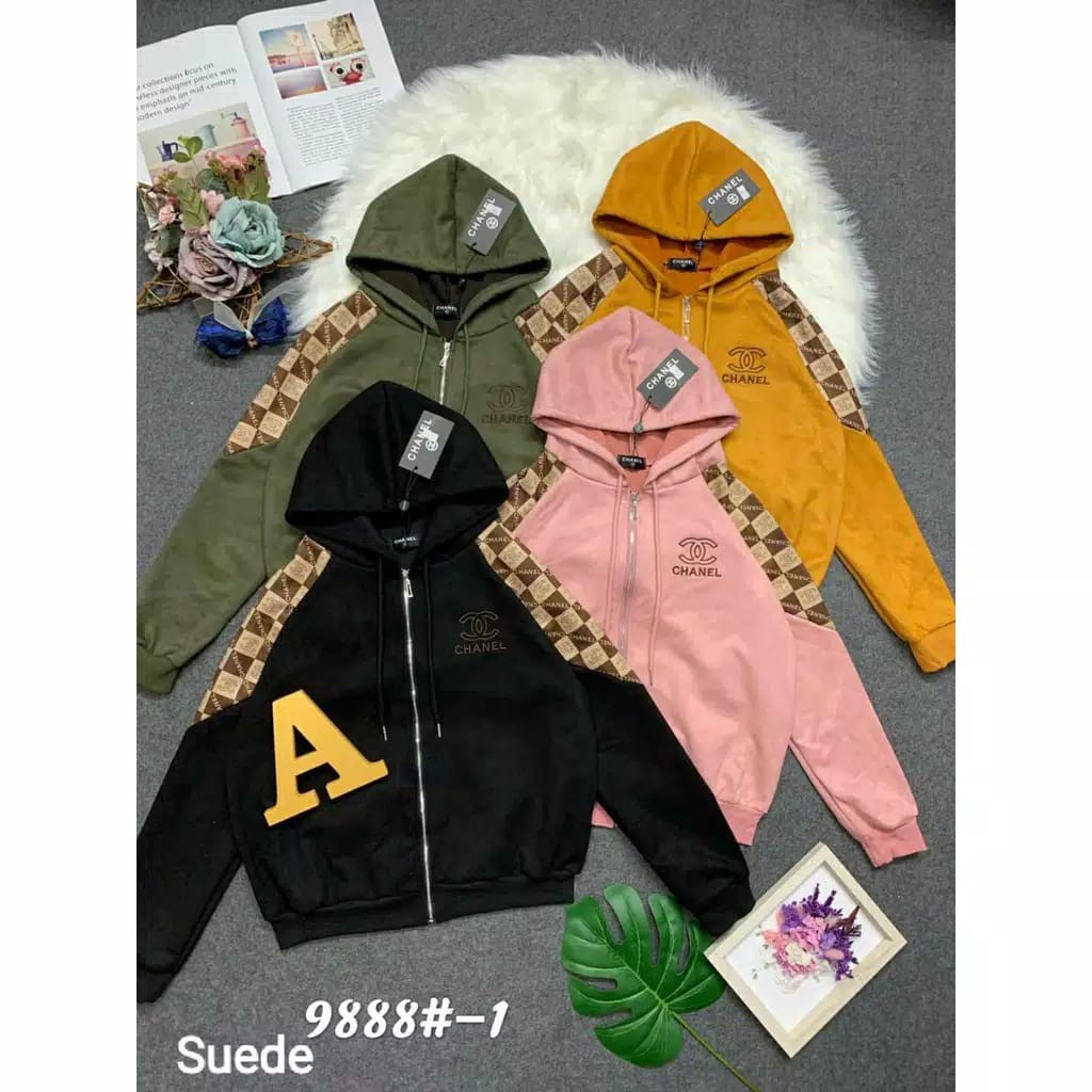 9888-1 Jaket Suede Chanel Hoodie Kombinasi