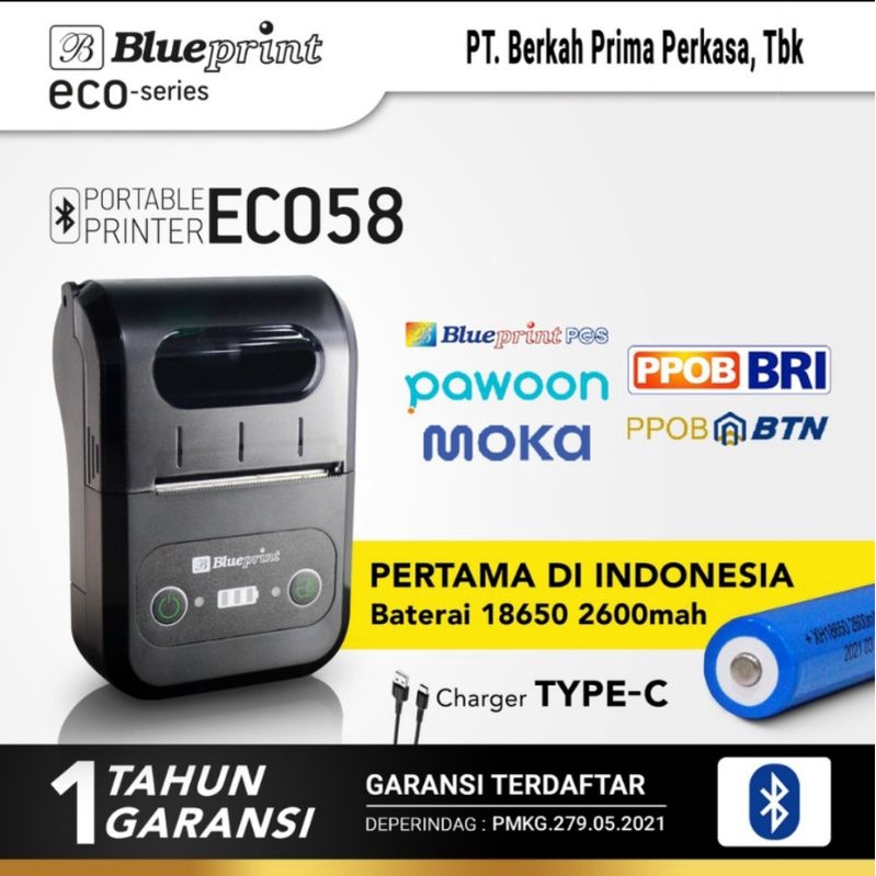 Portable Printer Thermal Mini Bluetooth BLUEPRINT ECO58 Baterai 18650 charger type c