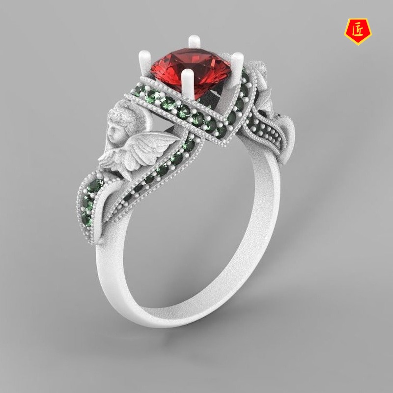 [Ready Stock]Fashion Classic Cupid Angel Wings Ruby Ring