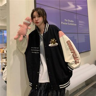 Takkep Bear Baseball Varsity Jacket Premium Fleece Tebal Fit L Outerwear Sweater Remaja Wanita Korean Style | Sweater Wanita Berkancing Desain Terbaru Classic Fashion Terkini