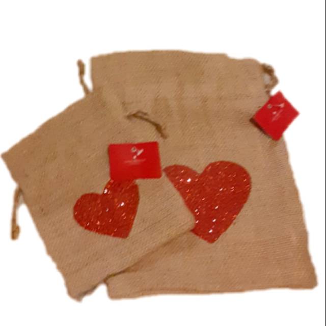 HESSIAN GIFTBAG WITH GLITTER HEART SET