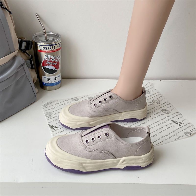 Sneakers Wanita Canvas Putih Slip On Simple Sepatu Kanvas Wanita Import Motif Garis Sol Tebal Kekinian