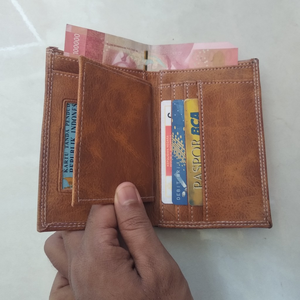 Dompet Pria 3/4 Berdiri Bahan Kulit Sintetis | Coklat | Dompet Murah