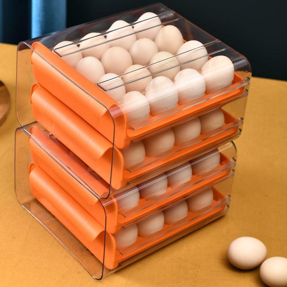 【 ELEGANT 】 Kotak Penyimpanan Telur Kulkas Fridge Hemat Ruang Auto Scrolling Keep Fresh Tipe Laci Stand Holder