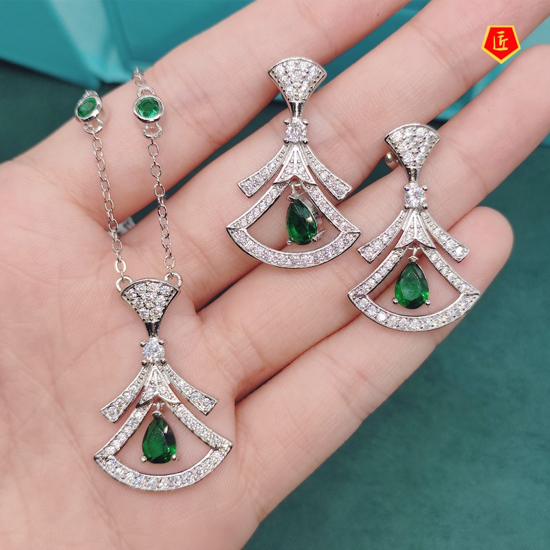 [Ready Stock]Women's High-Grade Emerald Necklace Set Ear Studs