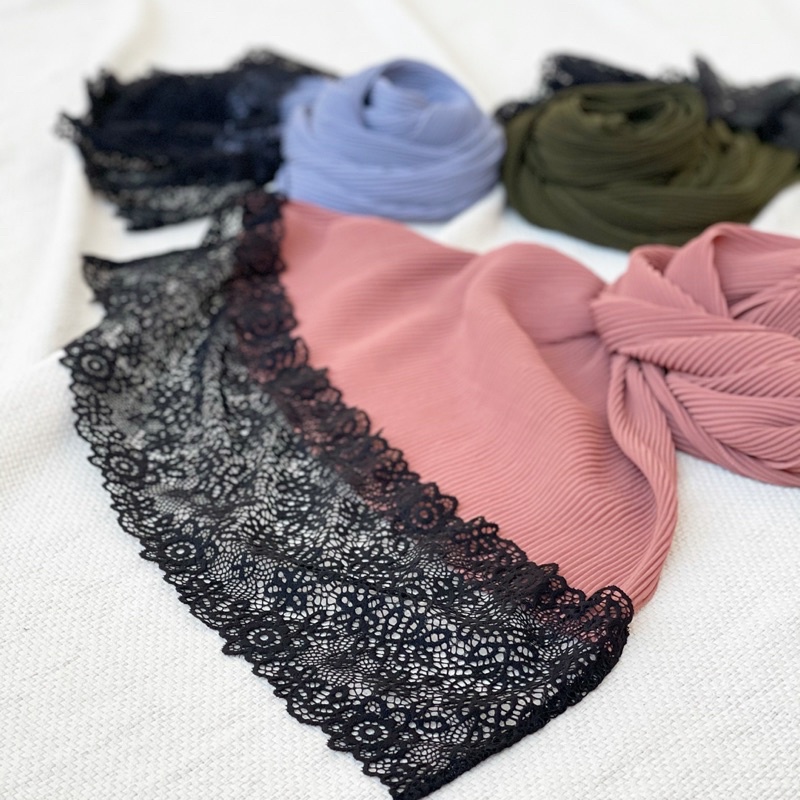 Koyu Hijab Pasmina Plisket Lace import Premium