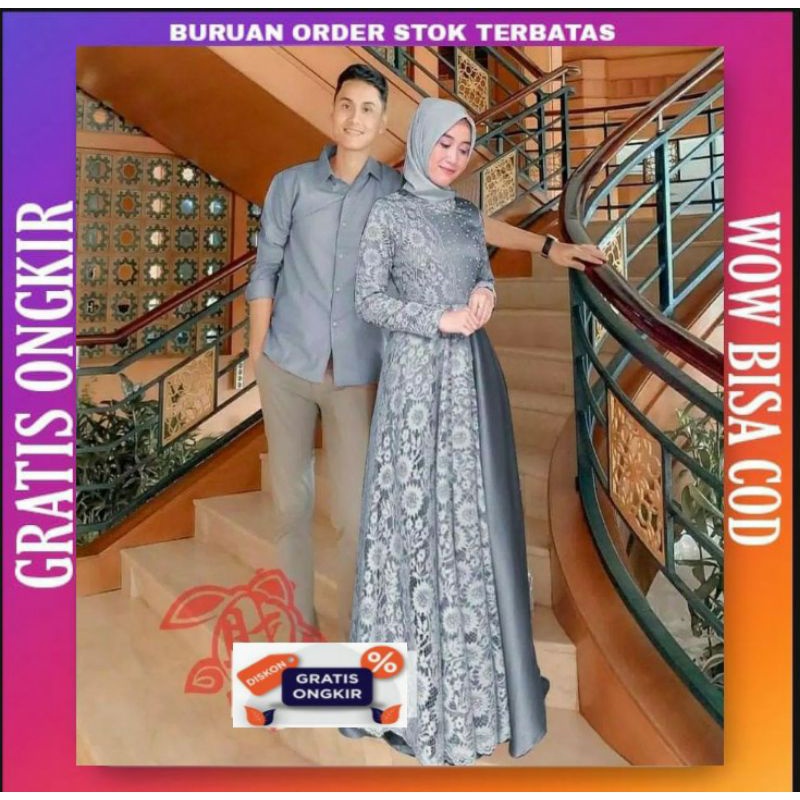 set setelan gamis dress baju pakaian cuople brokat busana wanita muslim remaja fashion Syafira syar'