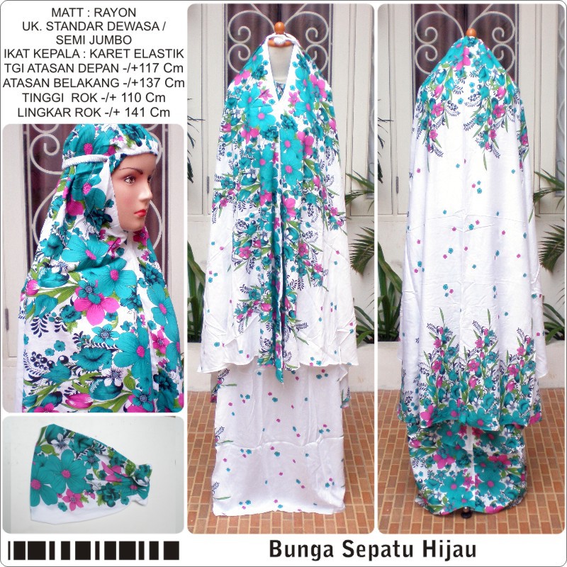 Mukena bali motif bunga sepatu HIJAU ukuran dewasa katun rayon warna dasar putih semi jumbo