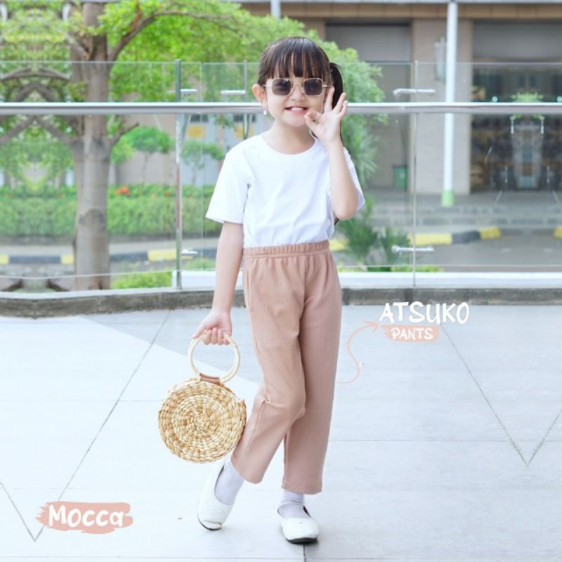 Nauree - Celana Panjang Anak Perempuan Atsuko Bahan Waffle Untuk Usia 1 2 3 4 5 6 Tahun Ukuran S M L Warna Matcha Mocca Terracotta Salem Pasta Maoon Polos Elastis Katun Warna Warni Kualitas Baik Lucu Murah Fashion