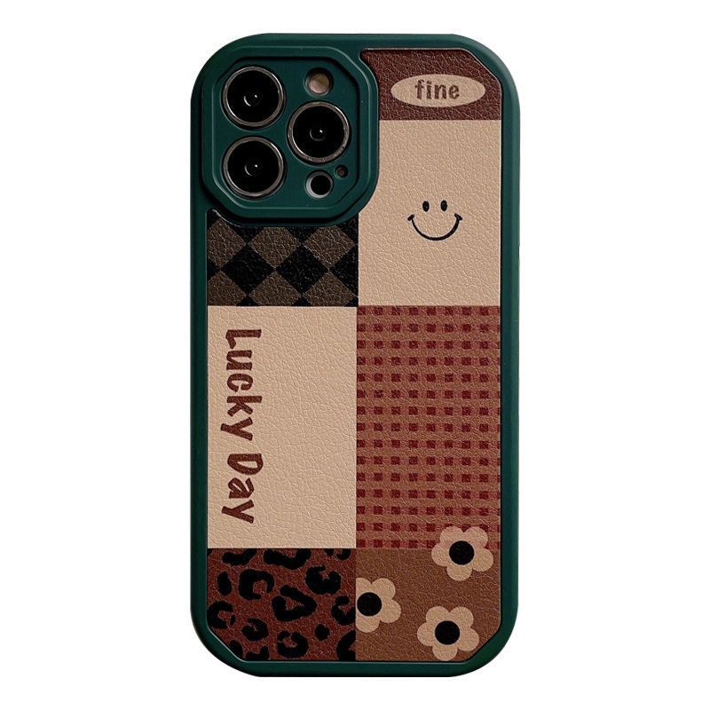 Soft Case Motif Smiley Face Kotak-Kotak Hijau Untuk IPhone 12 13 11 Pro Max X Xs Max Xr 6710