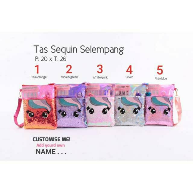 Tas Selempang Sequin Tab / Tas Selempang Anak Sequin Unicorn / Sequin Customise Name