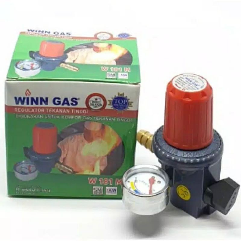 Regulator gas tekanan tinggi win gas w181 meter+selang orange 2 meter+2 kleam