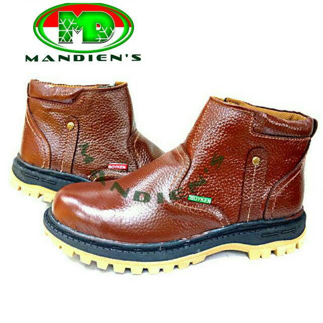 MANDIENS Sepatu Safety Pria Kulit Asli Ujung Besi model Boot Resleting Tanpa Tali Berkualitas Branded Merk Boyken KR04  - Sepatu Safety Proyek - Sepatu Kitchen Anti Licin