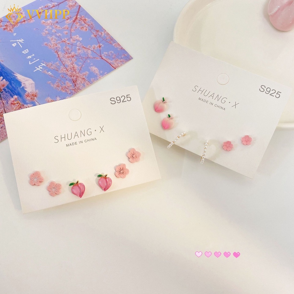 Set Anting Mutiara Bentuk Bunga Warna Pink Gaya Korea Untuk Wanita