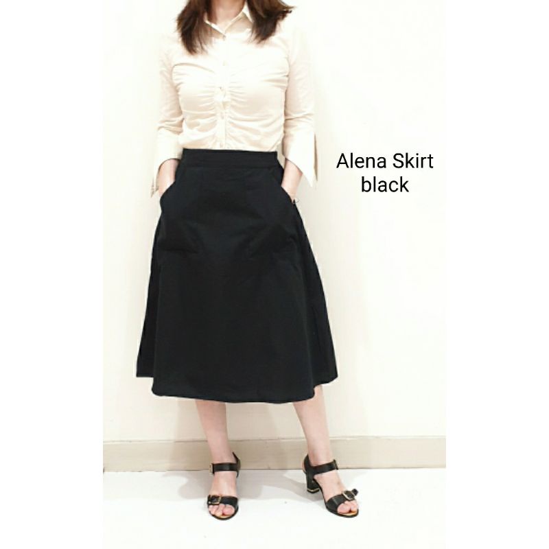 Rok Wanita Midi Skirt Katun Polos Model A Line Panjang 7/8, Alena Skirt#-Alena Skirt Black