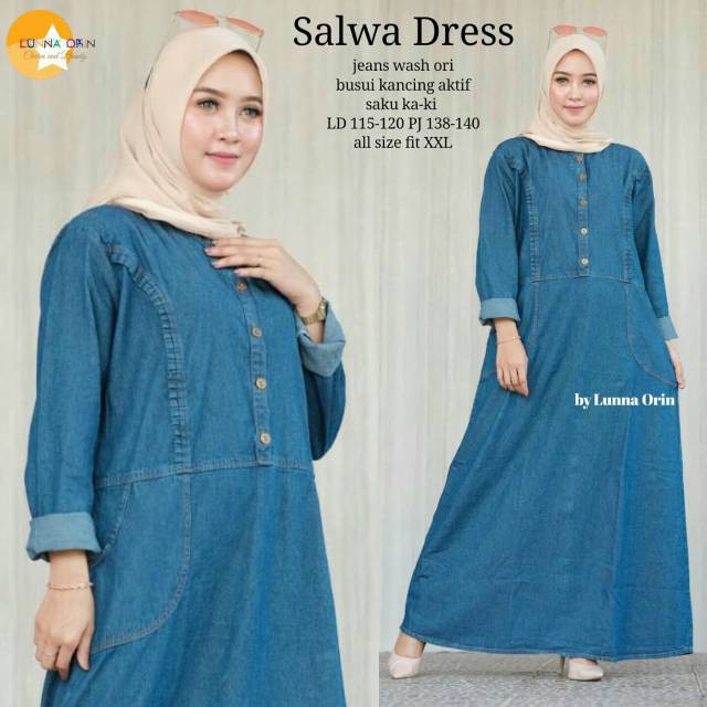 Baju Gamis Jeans dewasa Polos Warna Nevy