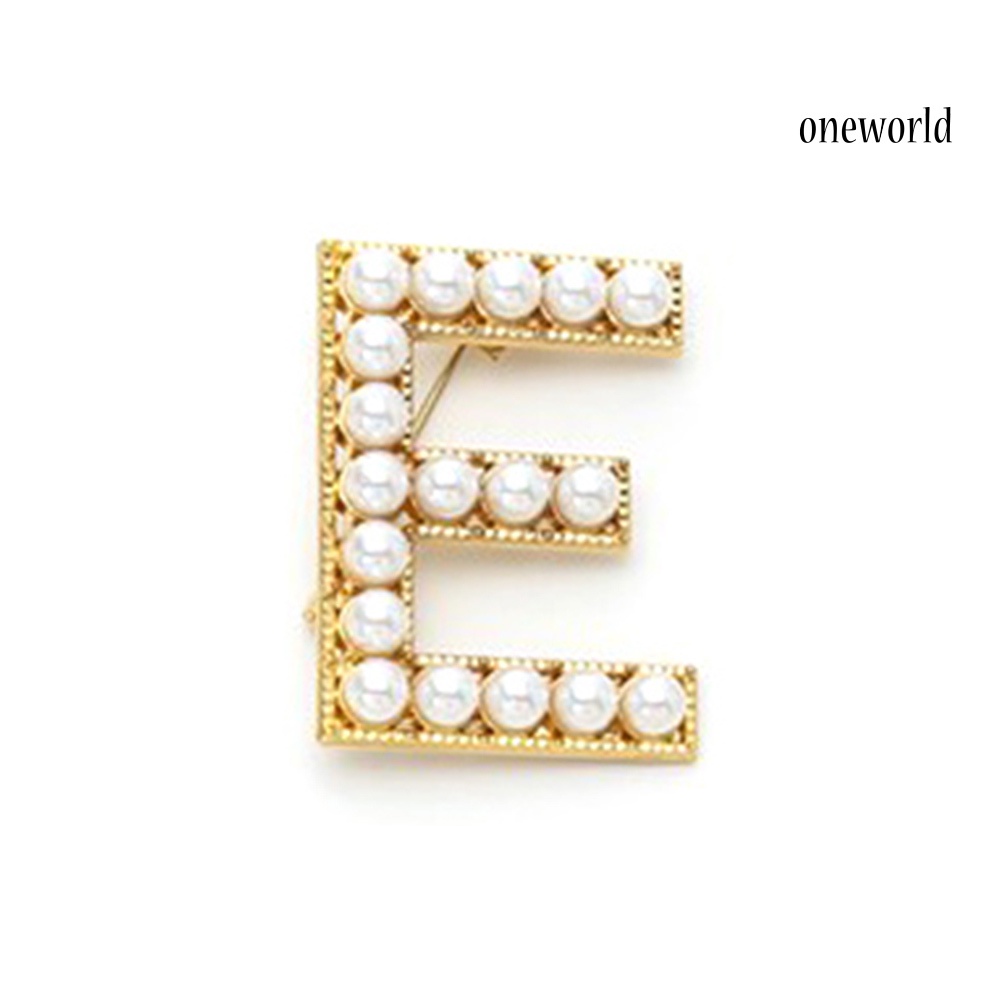 OW@ Elegant Women Faux Pearl Beaded Uppercase Letter Brooch Pin Suit Lapel Badge