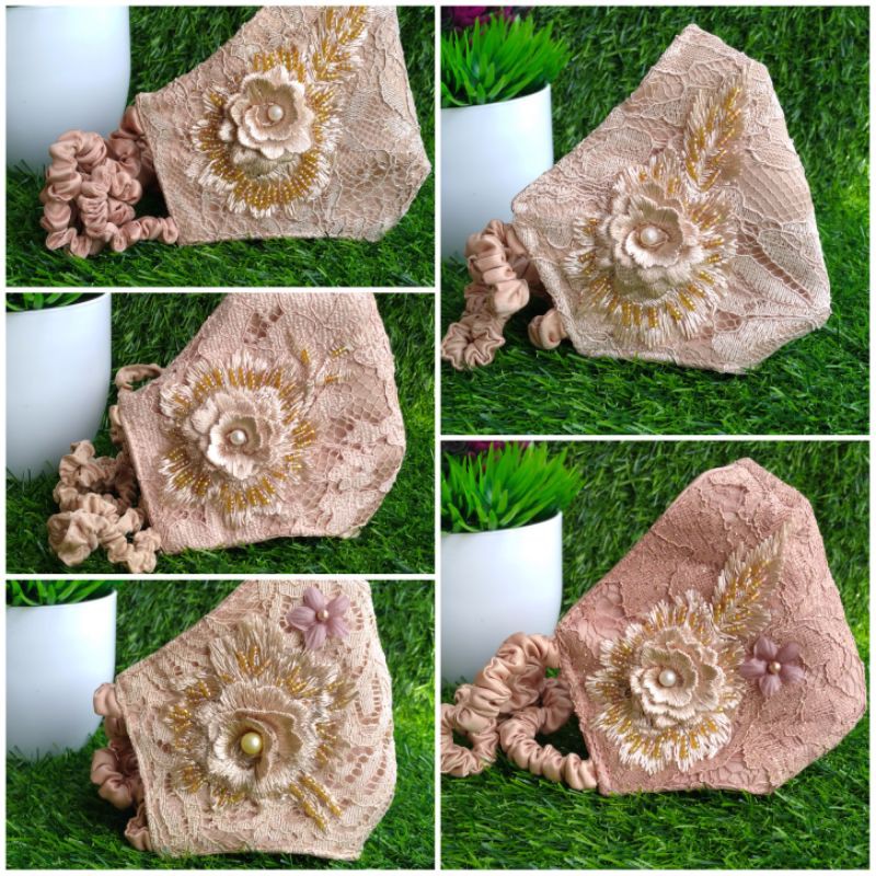 Masker Brokat Serut 3D/Masker Pesta/Masker Payet 3D/Masker hijab 3D
