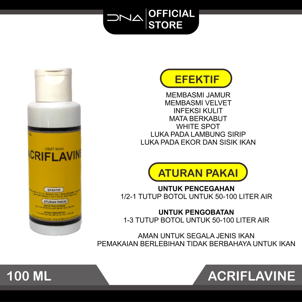 Obat Ikan ACRIFLAVINE 100 ML untuk segala jenis penyakit ikan Untuk jamur kutu velvet mata berkabut luka gores luka pada sirip ekor insang sisik obat kuning