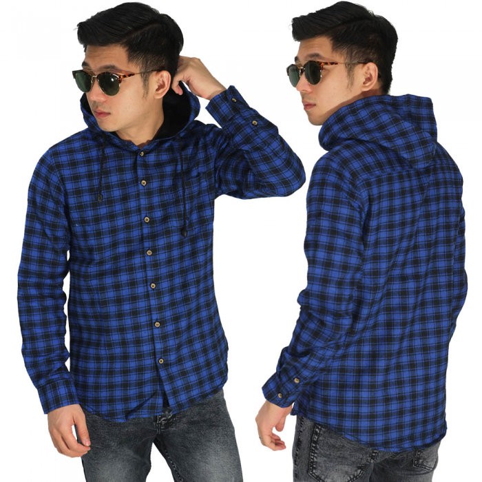 Kemeja Flanel Pria Hoodie Tartan Kotak Kotak Biru Kombinasi Hitam