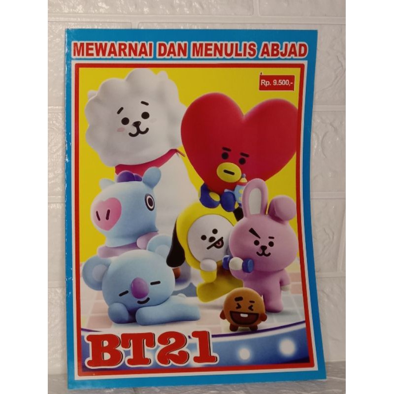 buku anak mewarnai BT21 Dan menulis abjad untuk anak TK&PAUD