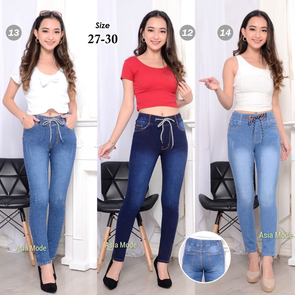 Asia Mode - Celana Jeans Pinggang Karet Tali Wanita / Celana Lepis Sobek Cakar Cewek