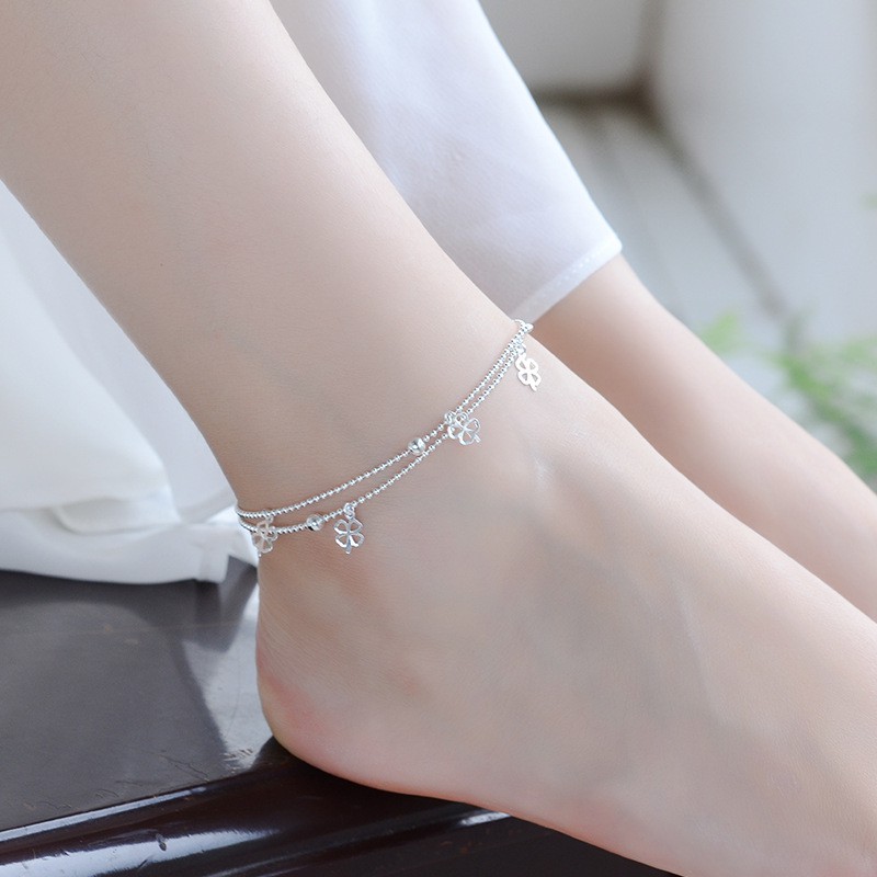 Gelang Kaki Rantai 925 Silver Double Layer Bentuk Hati Untuk Wanita