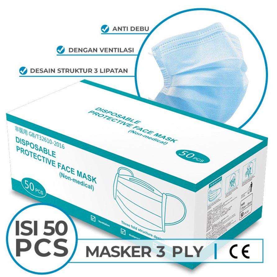 Masker 3Ply Isi 50PCS 1 BOX Disposable Protective Mask Earloop Pelindung / Anti Bakteri