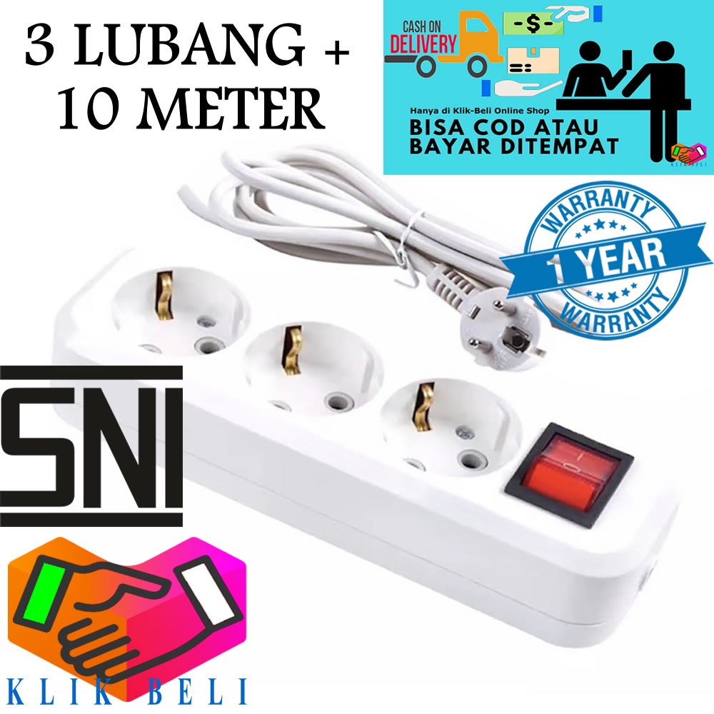 Stop Kontak 3 Lubang Colokan Cok Listrik Original SNI Panjang Kabel 1,5 Meter / 3 Meter / 5 Meter / 10 Meter