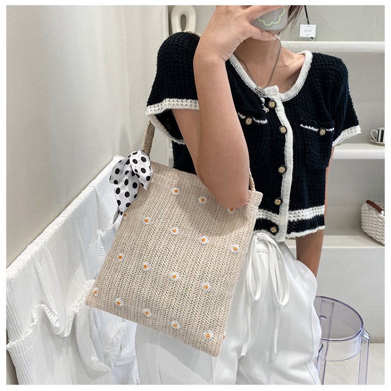 DBCOL Tas Totebag Wanita Bahan Anyam Jerami Motif Lace/Totebag Fashion Model Korea Motif Lace Import