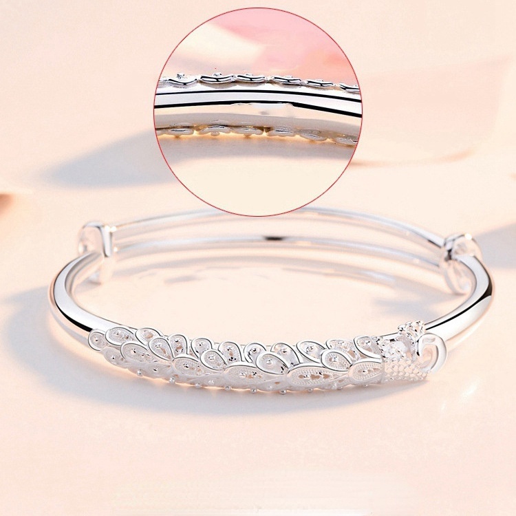 Gelang Model Terbuka Desain Merak Bahan Stainless Steel Lapis Silver Untuk Wanita