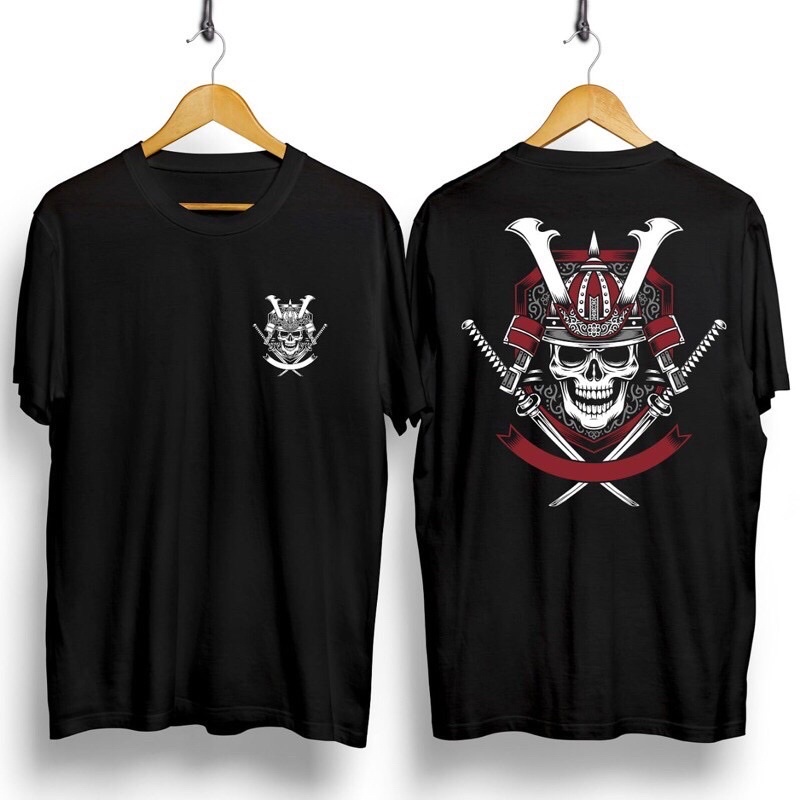 BAJU KAOS T SHIRT ATASAN DISTRO PRIA WANITA JEPANG TENGKORAK SKULL RONIN SAMURAI JAPAN CINA HITAM XL