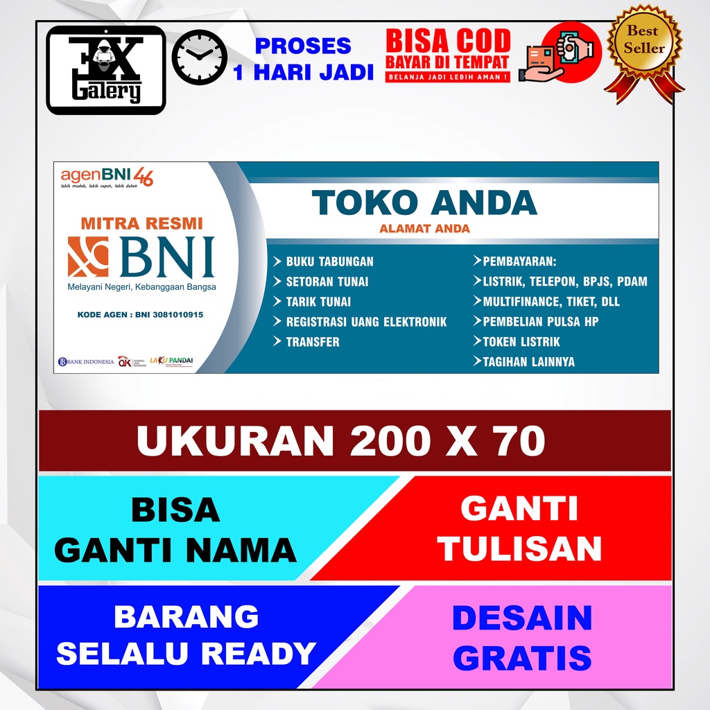 Jual SPANDUK BANNER , AGEN BNI UKURAN 200 X 70 BISA GANTI NAMA, WARNA BACKGROUN DAN TULISAN ...