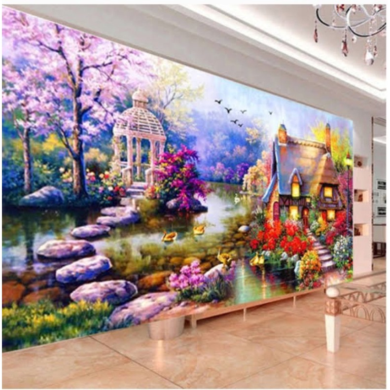 DIY paket kristik pemandangan taman sakura bunga japanese rumah dan gazebo pola kain cross stitch ki