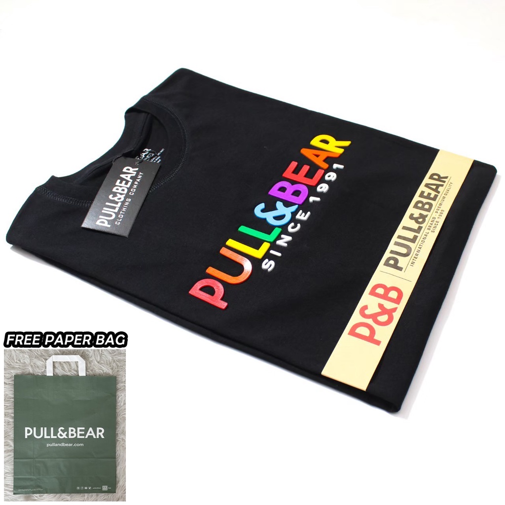 Free Paper Bag T-Shirt Kaos Pull &amp; Bear Flocking Rainbow // Atasan Kaos Pria - Wanita Pull And Bear Premium Quality