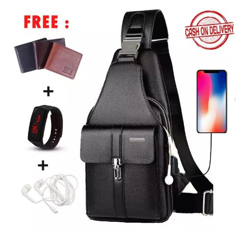 5IN1TAS BONUS JAM &amp;DOMPET,USBPORT &amp;HEADSET -TAS SELEMPANG PRIA sling bag usb port