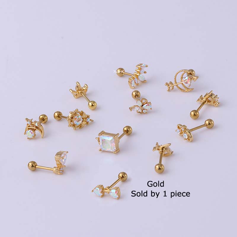 1pc Anting Tindik Bentuk Barbel Bahan Stainless Steel 20 Gage Warna Silver / Gold Dengan Zircon