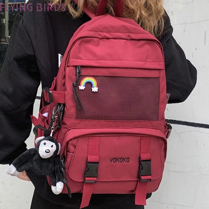 Ransel Baru 2021 Backpack Wanita Saku Nilon Tas Sekolah untuk Remaja Bahu Tas Travel Ransel Wanita-Merah