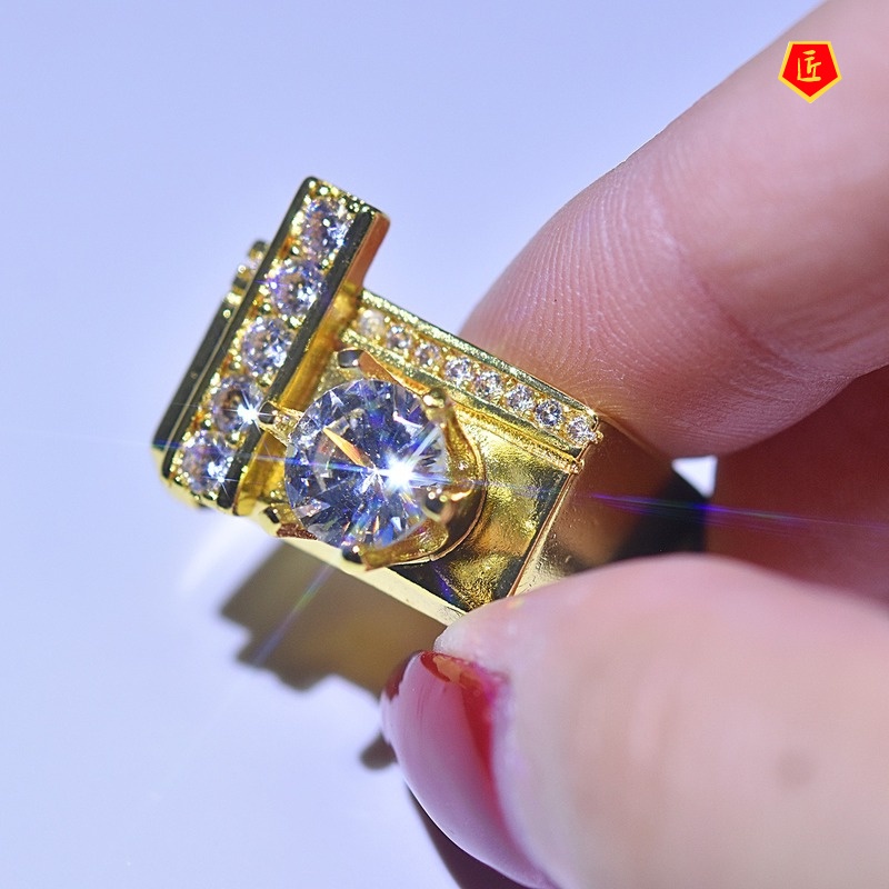 [Ready Stock]Creative Geometric Gold Inlaid Diamond Square Ring