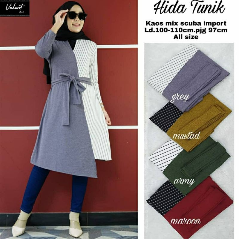 Hida Tunik, TUNIK WANITA MUSLIM CANTIK BAHAN KAOS MIX SCUBA IMPORT LD 100-110 TERMURAH