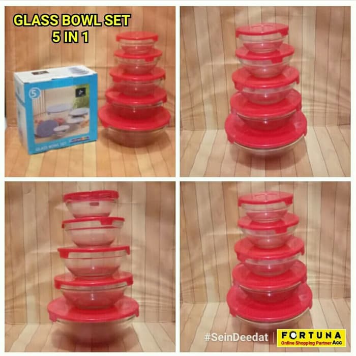 Glass Bowl Set Isi 5 Pcs - Mangkok Kaca Set - Fresh Box Toples 5 In 1