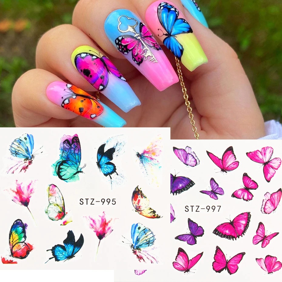 [ 1Pc Watercolor Butterfly   Blue Flowers Nails Stickers Art Decorations Nail Makeup Tools for Girls ]