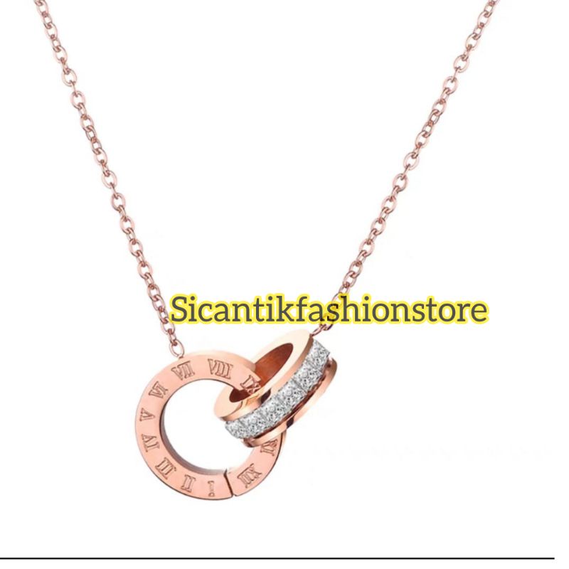 Kalung B&lt;lgri Titanium Two Rings Kristal Terlaris Anti Karat selamanya Terbaru Kekinian Mewah Fashion Wanita