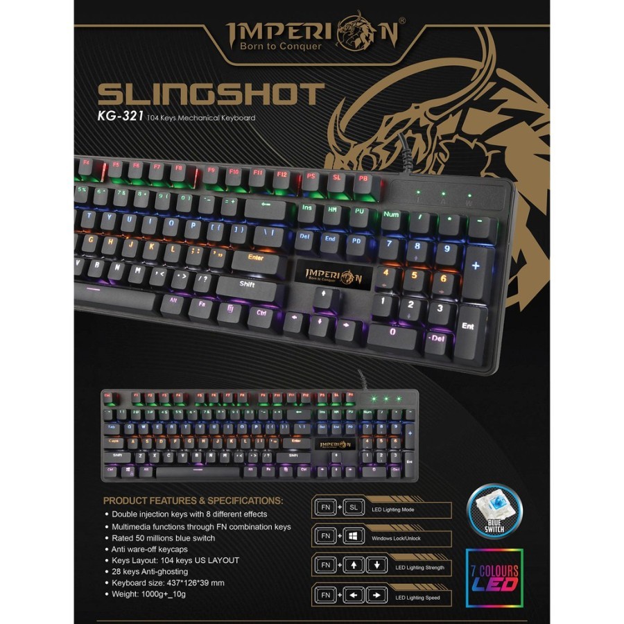 Keyboard gaming imperion mechanical wired usb 2.0 104 keys fullsize rainbow slingshot kg-321 - sling-shot kg321