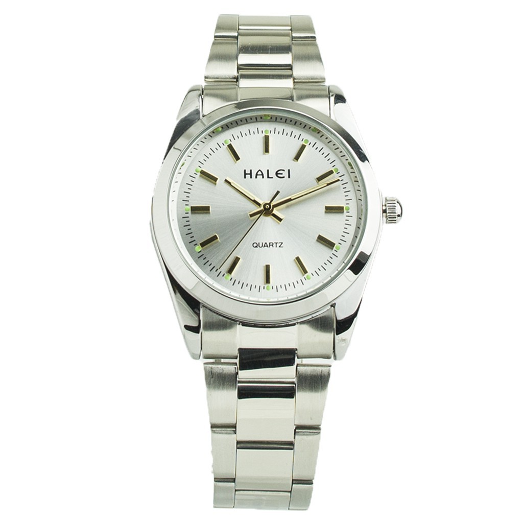 Jam Tangan Pria Keren Anti Air Halei Original 422 Rantai Silver Plat Putih, Jarum Jam Nyala Dlm Glap