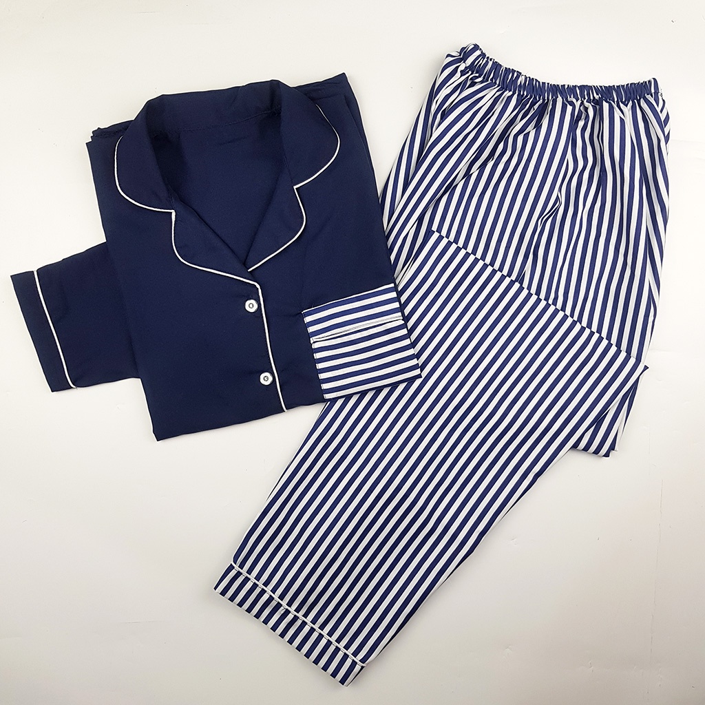 Stelan Baju Tidur Piyama Dewasa Lengan Panjang All Size Motif Lumina-PPL SALUR NAVY COMB