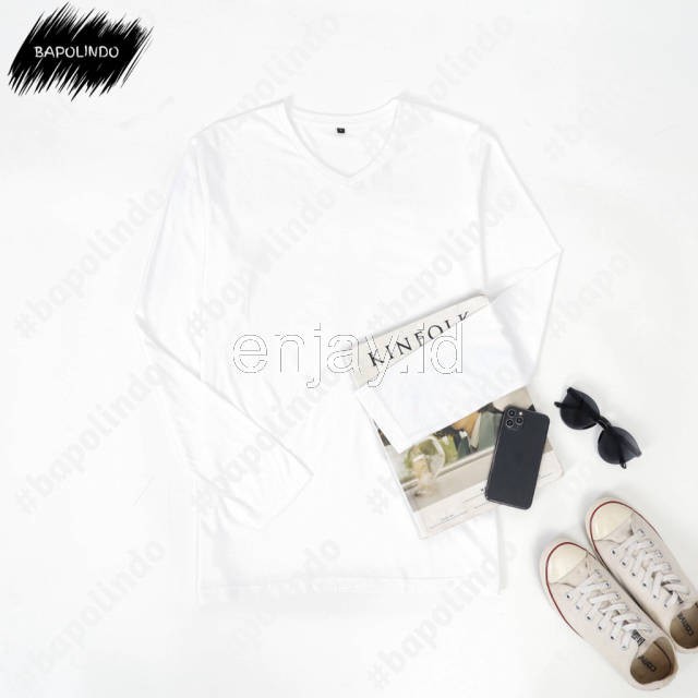 enjay.id - PREMIUM Kaos warna Putih oblong ANTI BAKTERI Leher V neck lengan panjang Original