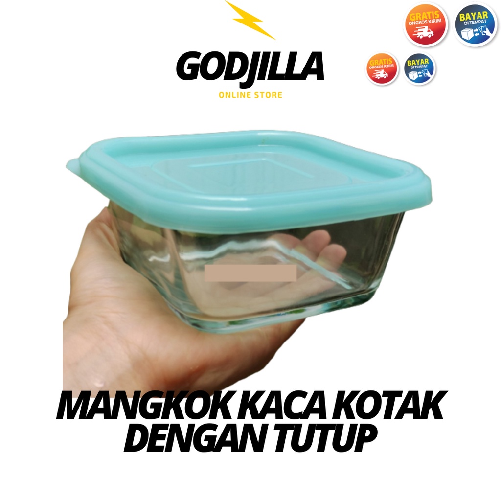 GODJILLA Mangkok Kaca Kotak Persegi Dengan Tutup Plastik Untuk Kue Dessert Kedaung Mangkuk Bening Uk