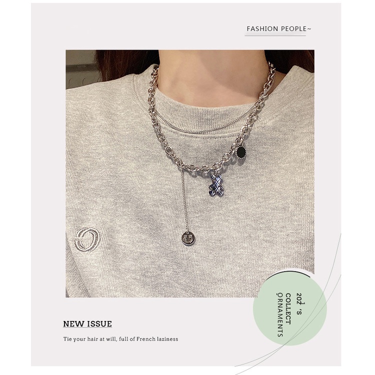 Double-layer bear Smiley kalung kuchao Street niche kepribadian kalung dingin gaya retro kalung wani